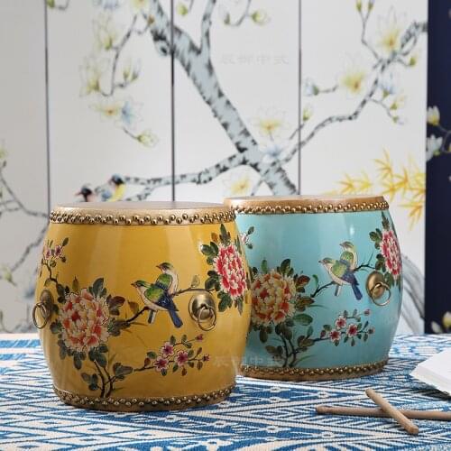 Drum stool cow leather painted round stool solid wood guzheng stool