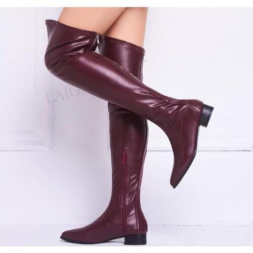 BERZIMER Women Thigh High Boots Back Zip Low Flat Heels Over Knee Boots Summer Spring Ladies Shoes Woman Big Size 44 45 46 47