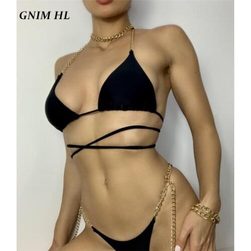 GNIM Sexy Chain Bikini Swimwear Women 2 Pieces Set 2021 Black String Swimsuit Female High Cut Triangle Womens Swimming Suit New