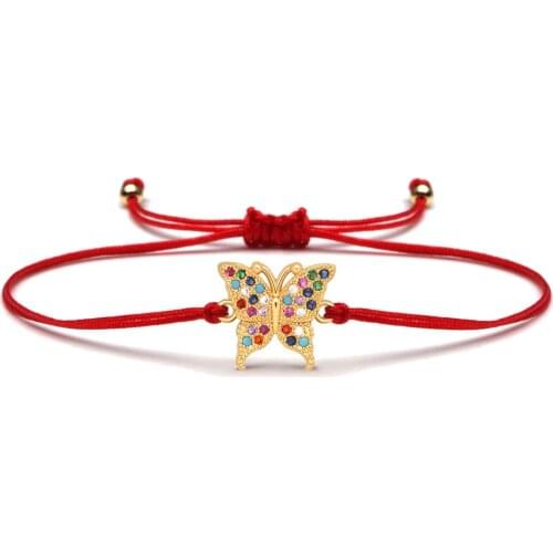Multicolored Cubic Zirconia Stones Colorful Copper Butterfly Charm Bracelet For Women CZ Crystal Insect Red String Jewelry Gift