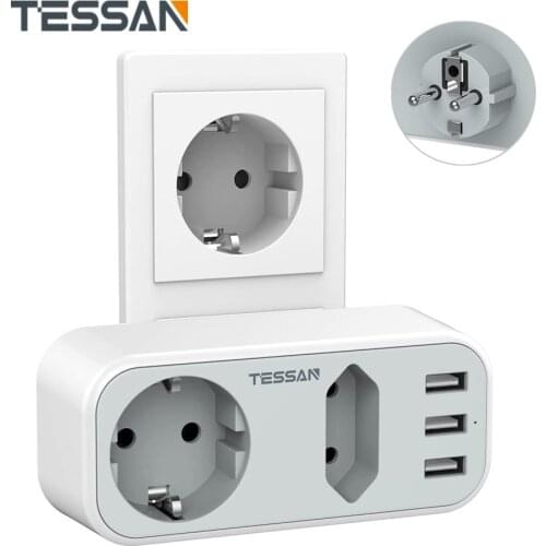 TESSAN 5 In 1 Double EU Plug Power Adapter Multiple Sockets with 3 USB Ports 3600W Wall Socket Compatible for Smart Phone Tablet