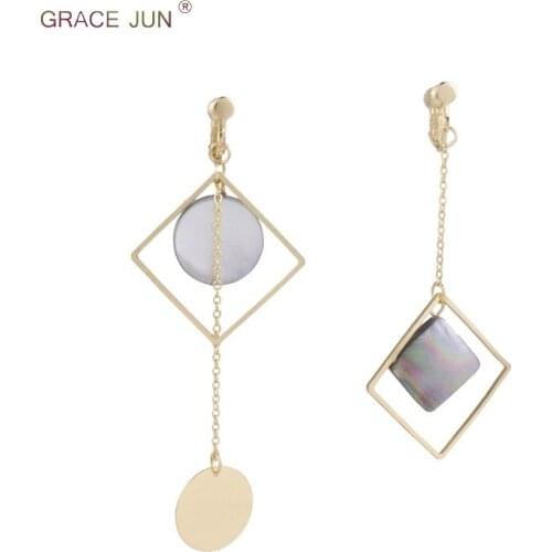 GRACE JUN New Arrival Round Square Shape Natrual Shell Long Tassel Clip on Earrings No Pierced Fashion Luxury Ear Clip Earrings