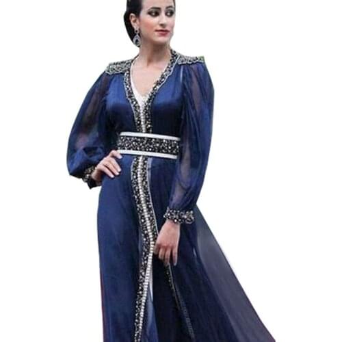 Robe De Soiree Elegant Navy Blue Long Sleeve Prom Kaftan Dubai Muslim Arabic Evening Puffy Chiffon mother of the bride dresses