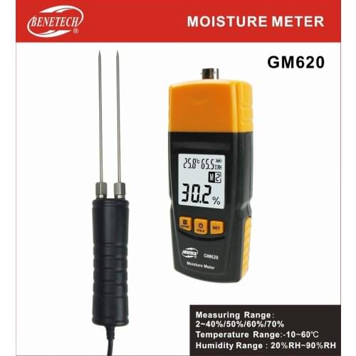 BENETECH GM620 Digital LCD Display Wood Moisture Meter 2~70% Humidity Tester doulbe testing probe Timber Damp Detector portable