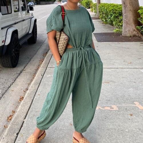 BAMBOOBOY Summer Women New Fashion O Neck Lace Up Linen Casual Wide Leg Two Piece Set ZL1399