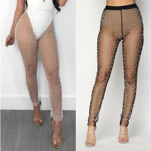 Women Mesh Sheer Beads Legging Transparent Pants Sexy Lady See Through Skinny High Waist Pants Clubwear Ankle-Length Pants