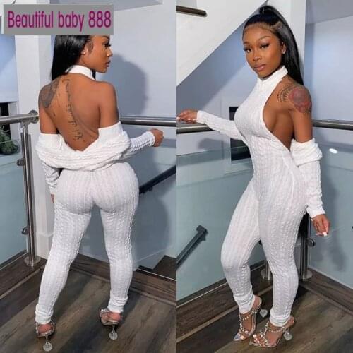 Meqeiss New Rib Knit 2 Piece Set Women Fall Short Top Sexy Backless Halter Bodycon Jumpsuit Outfit Casual Activity Streetwear