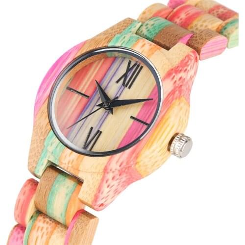 Trendy Lady Colorful Wood Watch Minimalist Display Round Dial Stylish Womens Bangle Wooden Watches Quartz Top Gifts 2019 reloj