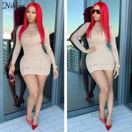 Nibber Fashionable Patchwork Mesh See through Elastic Dress For Womens 2020 Autumn Retro Graphic print bodycon Mini Dress Female