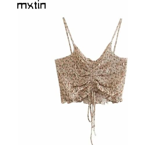 MXTIN 2021 Women Summer Vintage Floral Print Folds Cropped Tank Tops Fashion V-Neck Back Elasticity Thin Straps Female Chic Tops