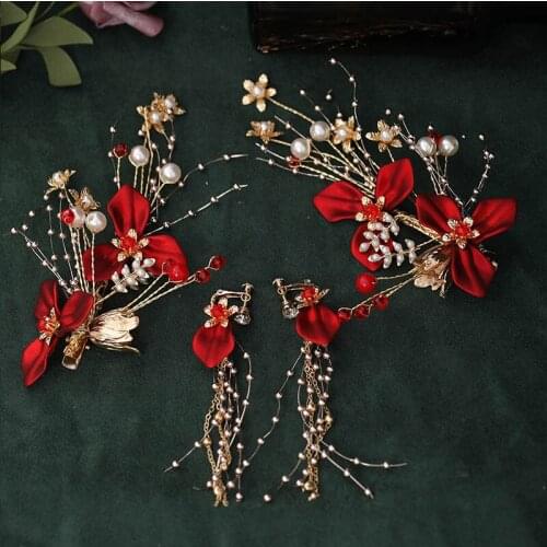 GETNOIVAS Luxury Hair Clip Red Hair Pin Flower Hair Clips Earrings Set Women Headdress Earrings Jewelry Set Hair Accessory SL