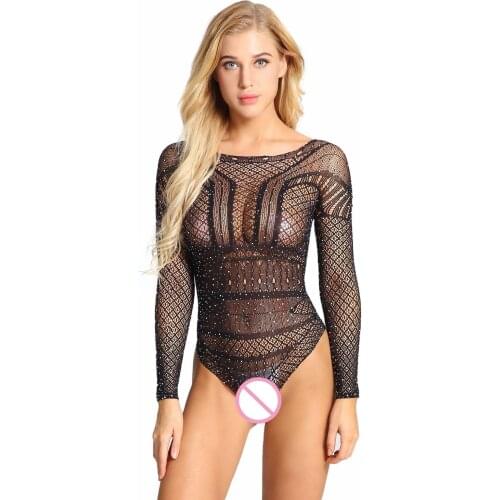 Fashion Lingerie Femme Sexy Lace Underwear Erotic Fishnet Rhinestone Lenceria Off Shouder Black Sleepwear Dress Baby Doll Teddy