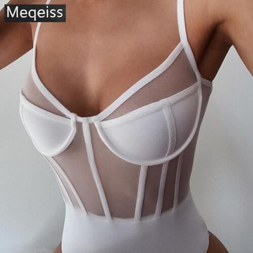 Meqeiss New Summer White Striped Sexy Backless Mesh Bodysuits Women Sleeveless See Through Fashion Party Club Body Female Tops