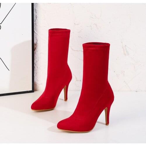 Slim suede high-heeled elastic boots purple womens boots color fashion boots yellow pointed medium boots large 44-48