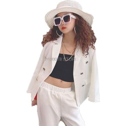 Girls Formal White Blazer Suit Jacket + Pants 2pcs Dress Kids Wedding Party Clothing Set Teenager Girls School Performance Suit