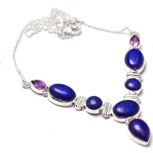 Genuine Lapis Lazuri + Amethyst Necklace 925 Sterling Silver, 44 cm, MHBNE0203