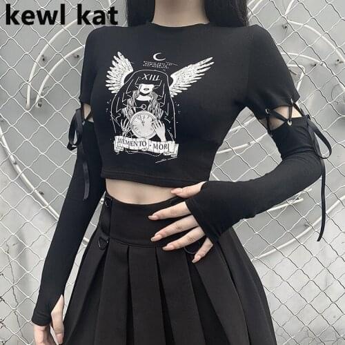 Sexy Women Black Lace Up Slim Long Sleeve Crop Tops Gothic Harajuku Printing Punk Solid Y2k Tops Female Casual Streetwear