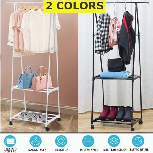Removable Metal Coat Rack Floor Shelf Stand with Wheels Multifunction Storage Rack Organizer Garment Clothes Holder Shelves