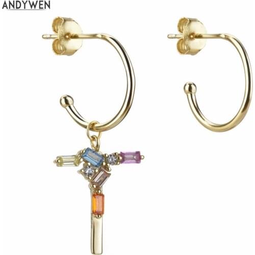 ANDYWEN 100% 925 Sterling Silver Gold T F Initial Drop Earring Letter Dangle Charms Women Crystal Ear Round Ring Jewelry