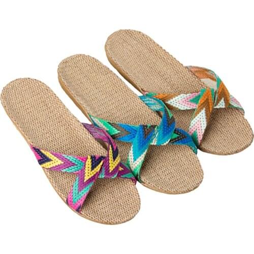 Summer Cross Belt Slippers Women Chain Slides Home Floor Shoes Flax Cross Belt Silent Sweat Slippers Female Sandals