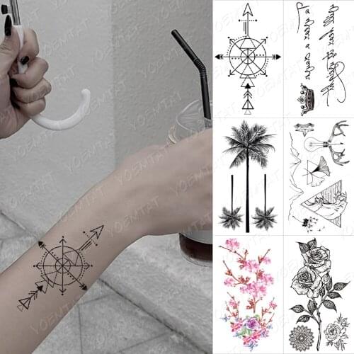 Waterproof Temporary Tattoo Arrow Coconut Tree Crown Letter Tatto Sticker Rose Body Art Hand Fake Flash Tatoo Women Kids