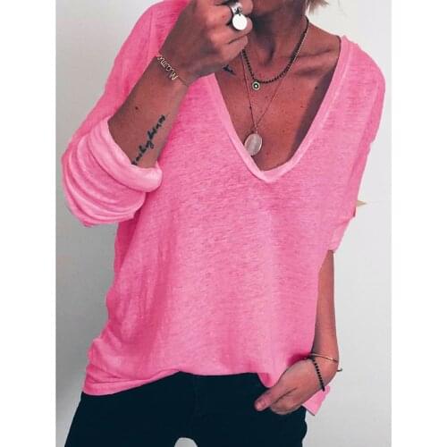 Autumn Hot Sale womens Casual Loose Long-sleeved Solid Color V-neck Pentagram Print T-shirt ladies T-shirt Pullover