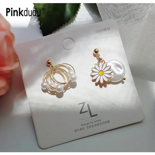 Pinkdudu Popular Design Summer Hanging Dangle Daisy Simulated Pearl Earrings Simple Asymmetric Bijoux Earrings for Women OG144