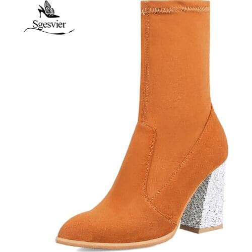 Sgesvier Women Boots Stretch Fabrics Mid Calf Boots Spring Autumn Shoes High Heel Pointed Toe Ladies Sock Boots Size 31-43 OX643