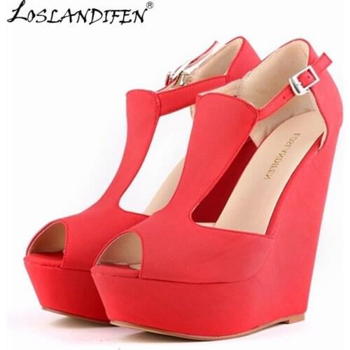 LOSLANDIFEN New Summer Peep Toe Women Pumps Sexy Matte Leather Platform High Heels Wedge Shoes for Woman Party Shoe 391-1SUEDE