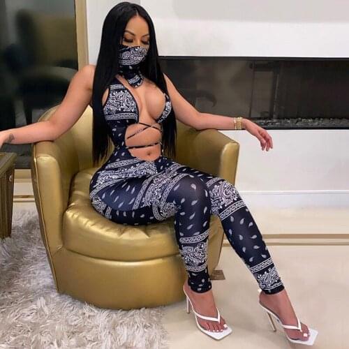 2020 Sleeveless Print Hollow Out Bandage Sexy V-Neck Bodycon Jumpsuit Summer Women Fashion Streetwear Stretchy Jumper Body