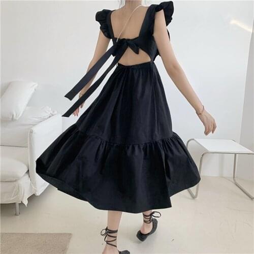 Retro Square Collar Long Dress Female Summer Vintage Backless Sexy Ruffled Suspender Vestidos Dresses Open Back Trend Robe Femme