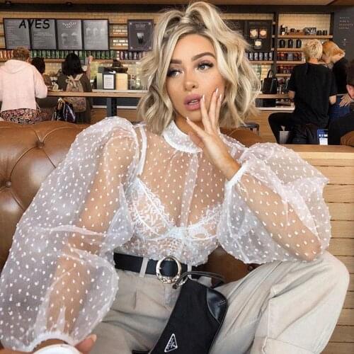2020 Sexy Mesh Blouse Shirt Puff Sleeve White Shirts Transparent See Through Gauze Blouses Elegant Mesh Shirt Blusas Tops Women