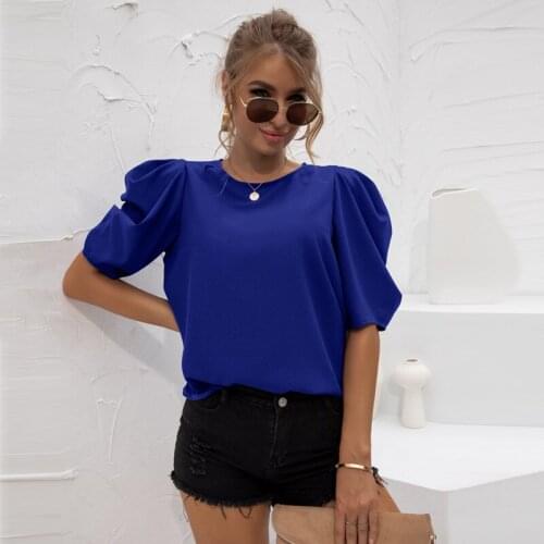 2021 Women Short Puff Sleeve Solid Chiffon Blouse Summer New Casual Fashion Office Lady O Neck Blouses Elegant Streetwear