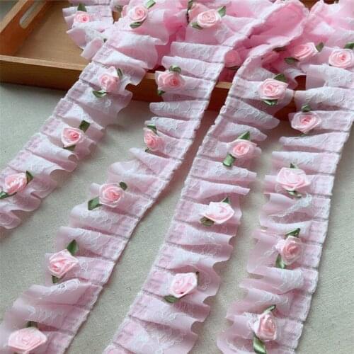 5 yards Pink Rose Flower Ruffle Lace Pleated Trim Lace for Doll Dress Bloomers Flower Headband