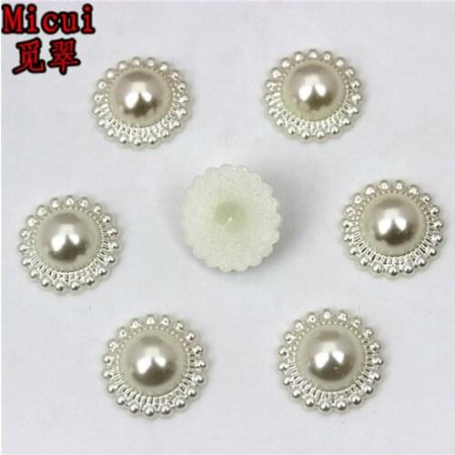 Micui 50PCS 16mm Round Sunflower Shape Half Imitation Pearls Diy Craft Flatback beads for Clothing Jewelry Accessories MC218