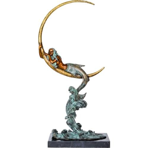 66CM Large Mermaid Statue Sculpture Bronze Green Classical Female Art Marble Base Classy Decoration Gifts