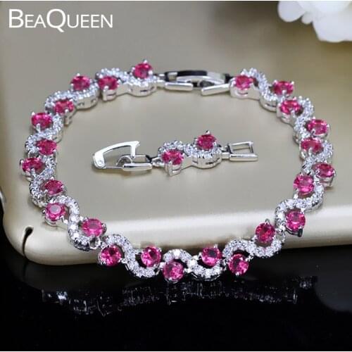 BeaQueen New Fashion Round Rose Red CZ Zirconia Micro Paved Austrian Crystal Tennis Bracelet Women Party Jewelry Gift B048