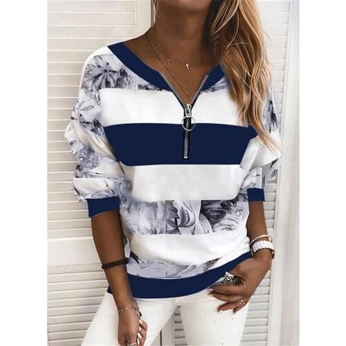 Blouse Women Shirt Office Work 2020 Spring Summer Blouses Striped Floral Long Sleeve Blouse Stitching Zip Shirt Elegant Blusas