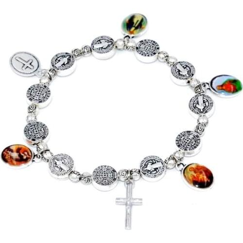 Handmade Rosary Bracelet Elasticated Metal Bracelet Round Rose Alloy Beads Catholic Saints Images Prayer Bracelets