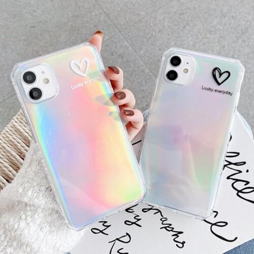 Rainbow Gradient Laser Paper Phone Case For iPhone 11Pro Max XR XS Max X 7 8 Plus 12 Pro 12 Mini Clear Love Heart Back Cover