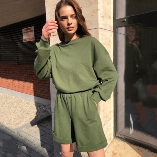 Heliar Women Tracksuits Fleece Solid Sweatshirts Tops and Shorts Oversize Pullovers and Shorts Sets For Women 2021 Autumn