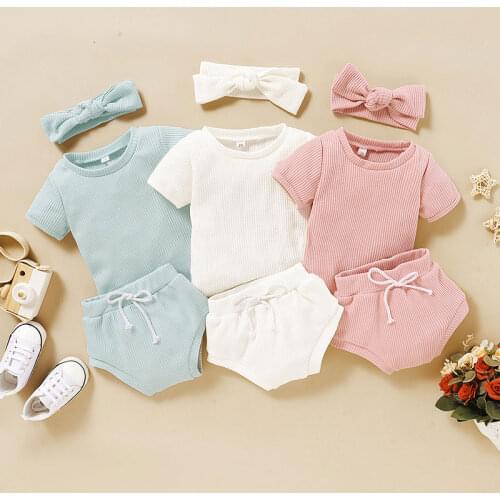 Cotton Toddler Girls Clothing Summer Kids Girl Clothes Soild Color Short Sleeve Tops+Shorts+Headband Children Clothes 1-3 Years