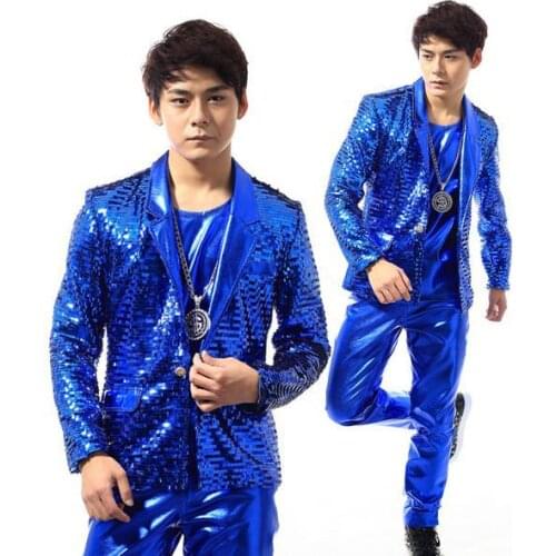 Personality Blue Sequins Stage 1 fashion man jacket short coat men jackets for mens clothing suits vest trousers