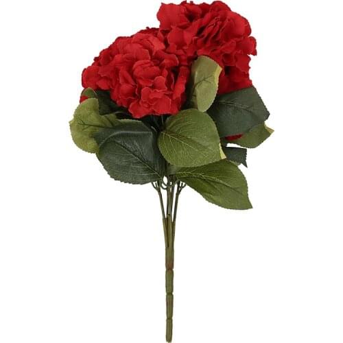 Artificial Hydrangea Flower 5 Big Heads Bouquet (Diameter 7" each head) Red