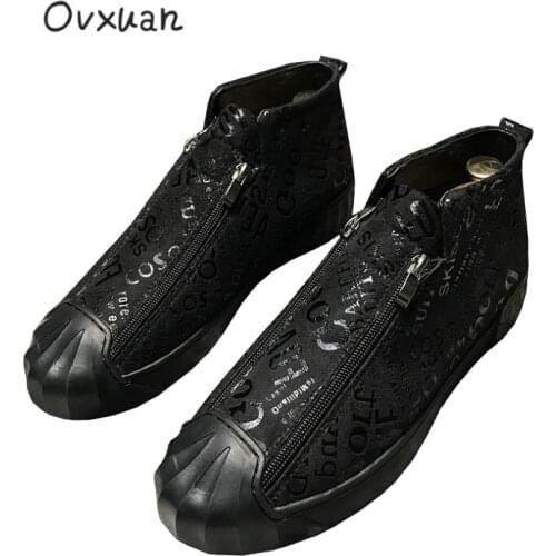 OVXUAN Low Top Sneakers Casual Printed Leather Splicing Increased Bottom Street Style Boots Men Shoes Vintage Botas Hombre 2021