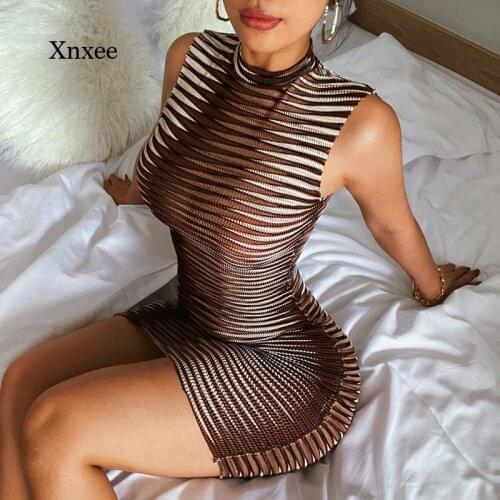 Stripe Print Mini Pencil Dress Women Summer Sleeveless See Through Bodycon Sundress Female Clothing Streetwear Clothing Outfits