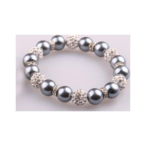 MOODPC 10mm grey glass pearl beads with spacers bracelet & white crystal pave ball Jewelry