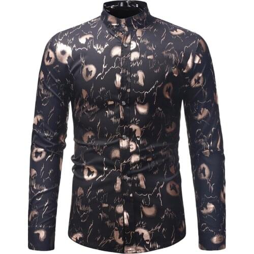 Gold Bronzing Floral Shirt Men 2020 Brand Mandarin Collar Slim Fit Dress Shirts Mens Long Sleeve Casual Social Tuxedo Shirt Male