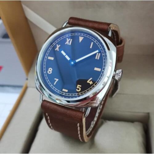47mm no LOGO stainless steel Sapphire Mechanical Hand Wind mens Watch California dial Blue hand ST3600-1 swan neck movement