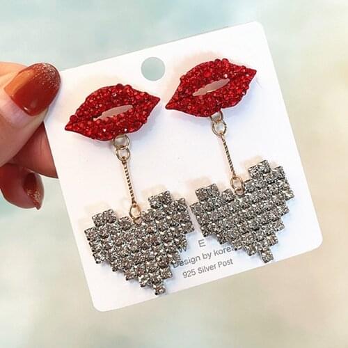 MWSONYA Lovely Sexy Red Lips Earrings for Women Full Rhinestone Love Heart Drop Dangle Earring Fashion Wedding Party Jewelry
